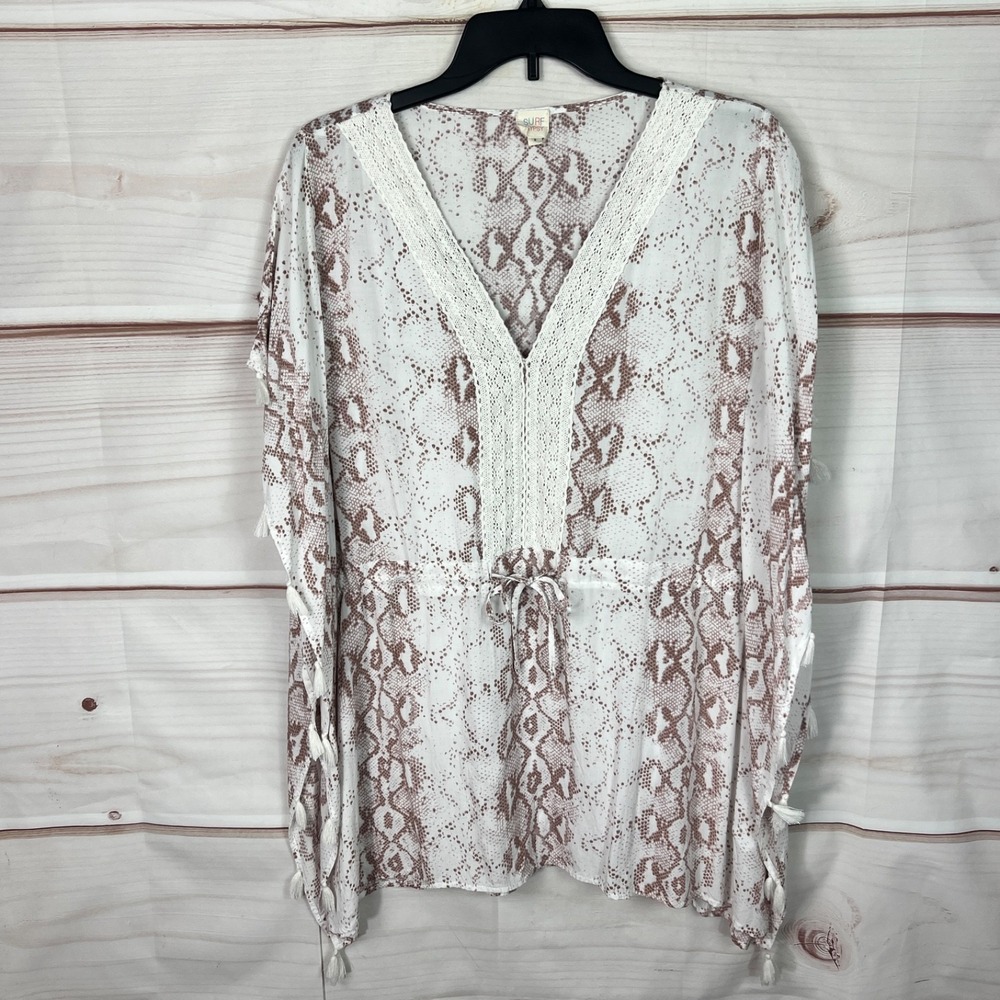 Surf Gypsy Top Women Small White Snakeskin Cover Up Drawstring Tassels Lace Trim